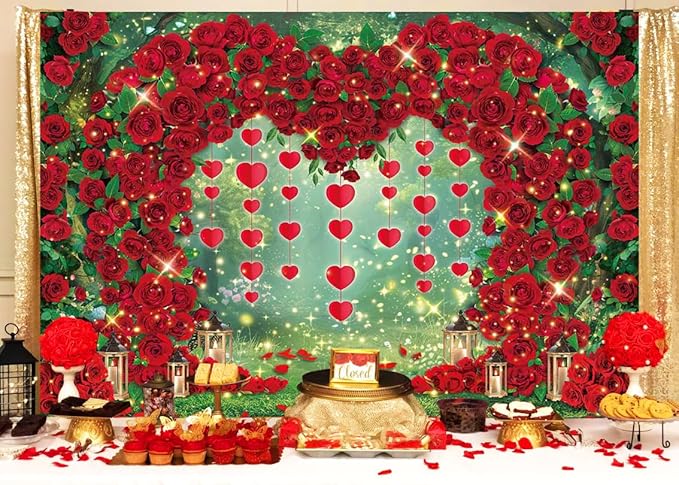 Valentine's Day Backdrop Red Rose Love Heart Garden Photography Background Floral Wedding Bridal Shower Birthday Party Decorations Photo Banner Props (120x96inch(10x8FT))