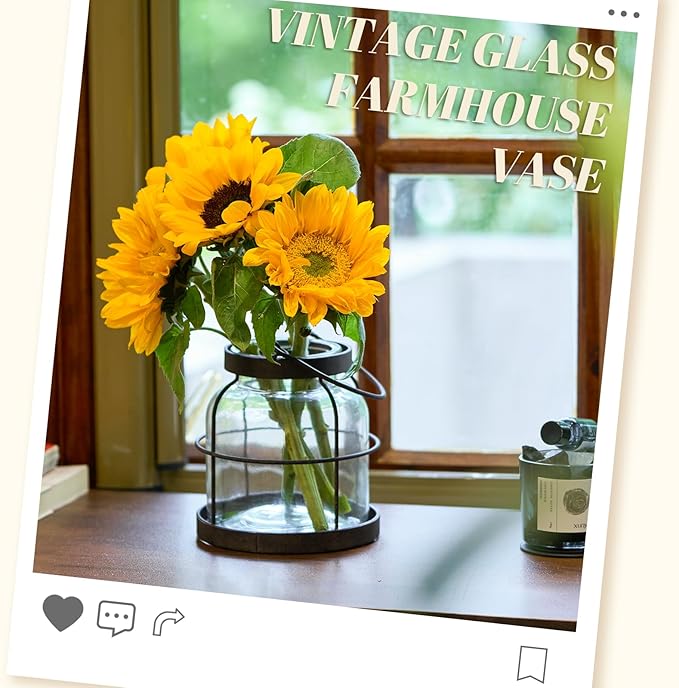 Vintage Farmhouse Lantern Decor with Hidden Switch Lid, LED Lighted Rustic Glass Vase for Floral Arrangements, Table Centerpiece Vintage Farmhouse Flower Vase-Metal Cage