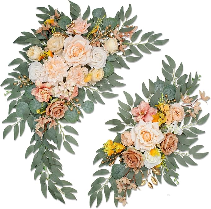 Wedding Welcome Signs Floral(Pack of 2)，Wedding Arch Flowers for Wedding Decorations and Reception Backdrop Decoration (New Champagne)