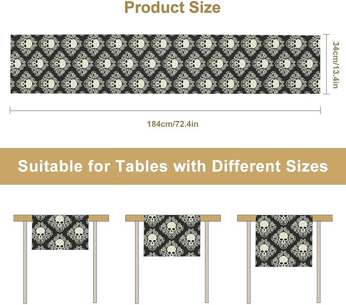 Gothic Table Runner,Dark Skull Pattern Table Runner for Home Kitchen Table Dining Garden Farmhouse Wedding Party Deco 13x36 Inch