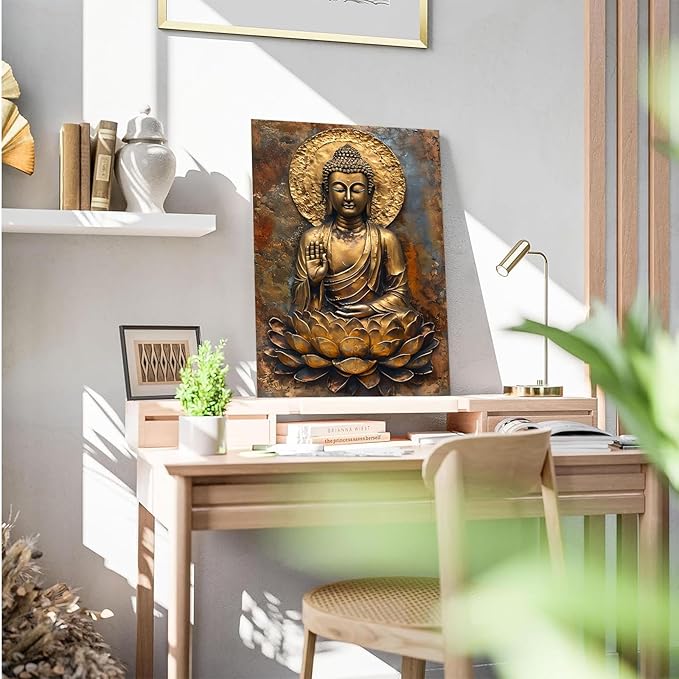 Buddha Wall Art Golden Buddha in Lotus Seat Serene spiritual statue radiant aura Meditation and mindfulness wall art suitable for sacred spaces 28x40in Wood Framed