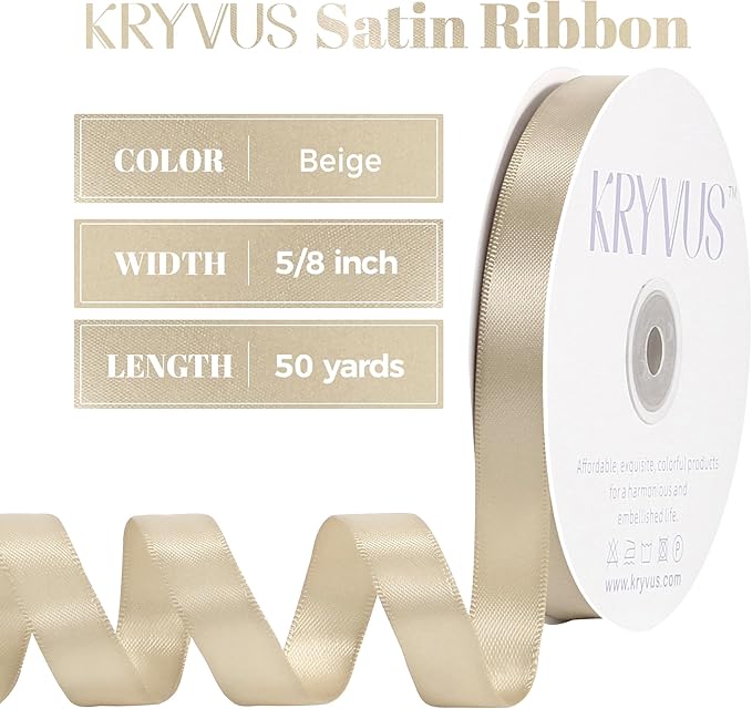 Beige Satin Ribbon, Double Faced 5/8 Inch X 50 Yards Beige Ribbon, Premium Satin Ribbon for Gift Wrapping, Crafts, Hair Bow Making, Sewing, Flower Bouquet, Wedding Party Decor
