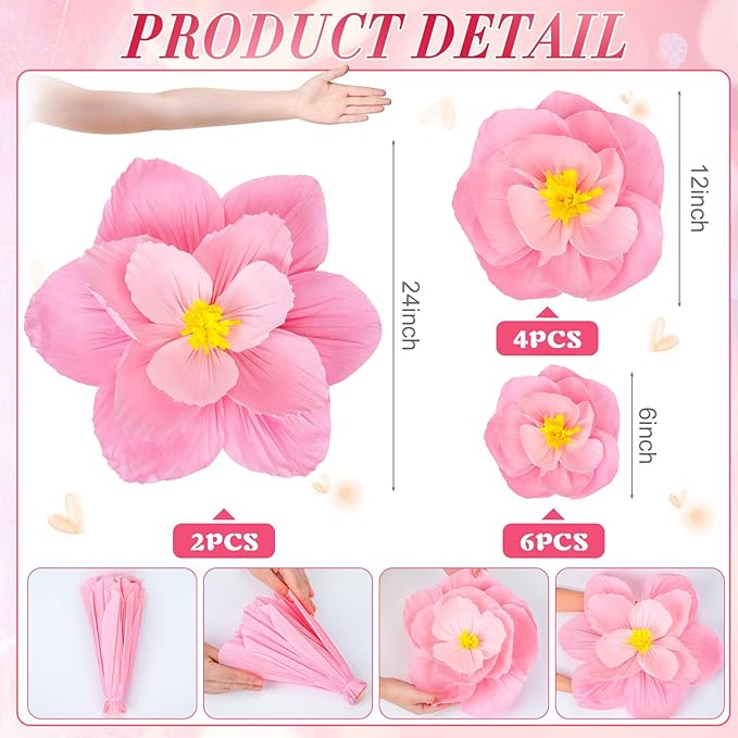 Giant Paper Flowers Artificial Large Paper Flower Decoration for Handcrafted Wall Backdrop Christmas Mexican Wedding Graduation Bridal Shower Birthday Party Supplies(Gradient Pink,12 Pcs)