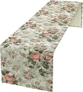 Rose Floral Table Runner, Green Pink Rose Leaf Classic Vintage Decorative Table Runner for Kitchen Dining Party Wedding Home Decor, 13x70 Inch