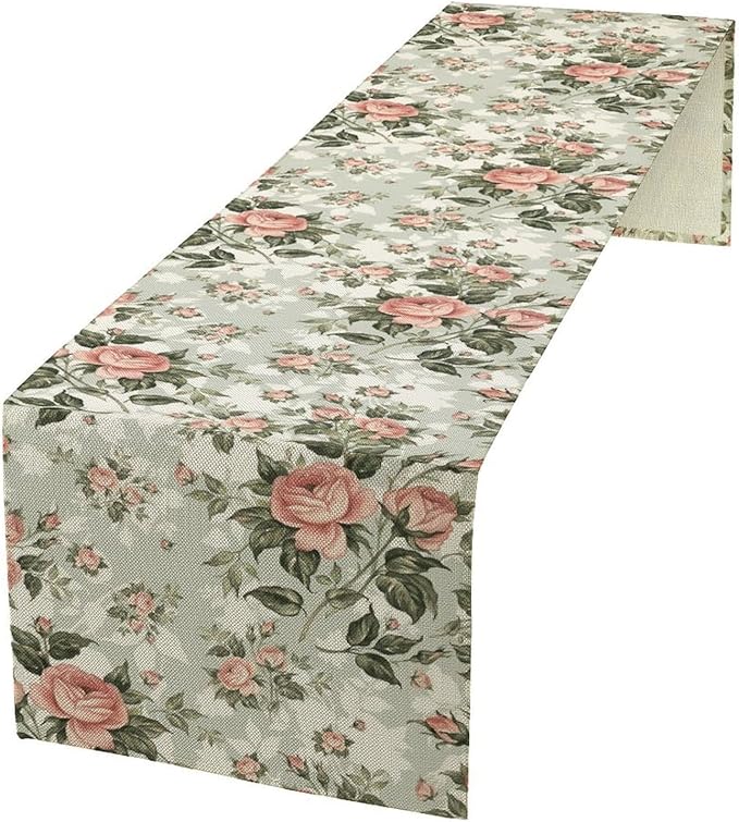 Rose Floral Table Runner, Green Pink Rose Leaf Classic Vintage Decorative Table Runner for Kitchen Dining Party Wedding Home Decor, 13x70 Inch