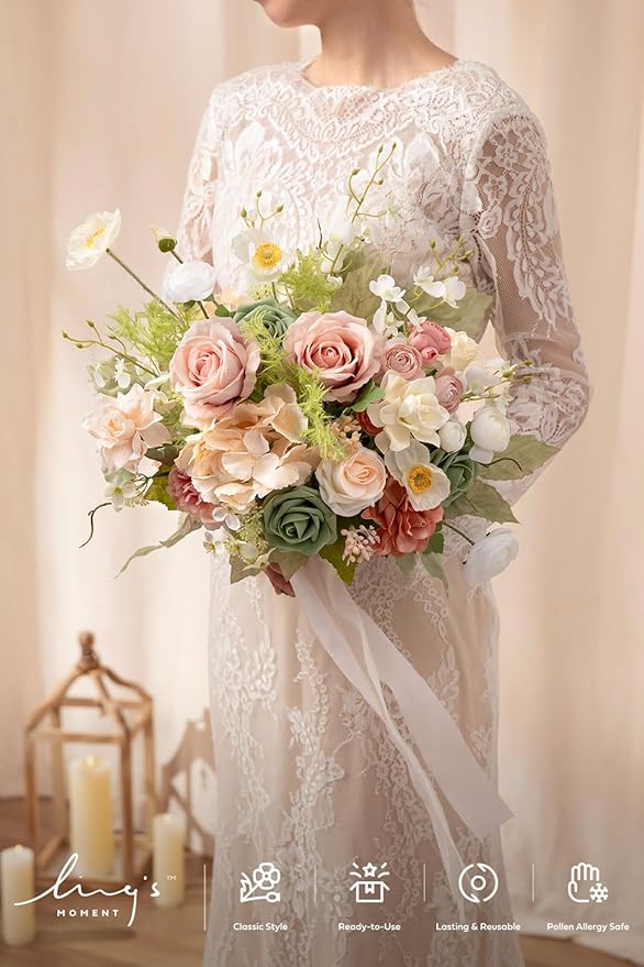 Ling's moment Coral Pink Wedding Bouquets for Bride, Blush Garden Bridal Bouquets for Bride, 13 Inch Free Form Artificial Wedding Flower Bouquet