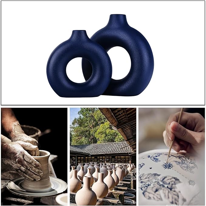 Navy Blue Vase Decor Donut Vase Set of 2 - Circle Hollow Vases, Modern Matte Ceramic Vases for Entryway Living Room Bedroom Dining Table Centerpiece Office Home Decor