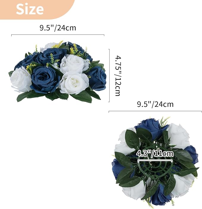 NUPTIO Artificial Flower Centrepieces for Tables - 6 Pcs Navy Blue & White Fake Flowers Roses Balls 9.5in Diameter - Silk Faux Rose Arrangement for Wedding Party Centerpiece Table Decorations