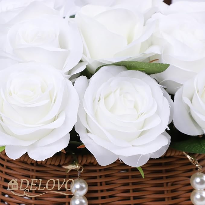 52pcs White Roses Artificial Flowers Ivory Fake Flowers Silk Roses with Stems for DIY Wedding Bouquets Bridal Shower Centerpieces Arrangements Party Decorations