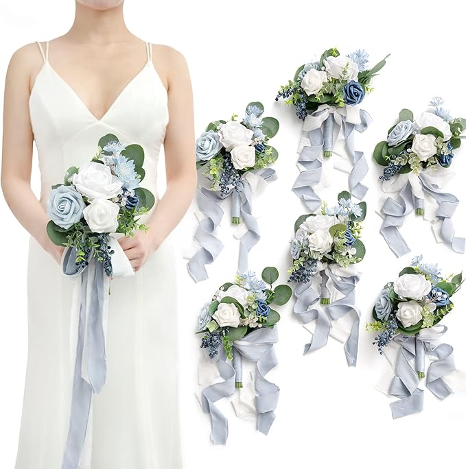 Ling's moment Artificial Flowers Dusty Blue Bridesmaid Bouquet Set of 6, Blue & White Wedding Flowers Bouquets for Bridesmaids, 7 Inch Bridal Bouquets for Bridesmaids