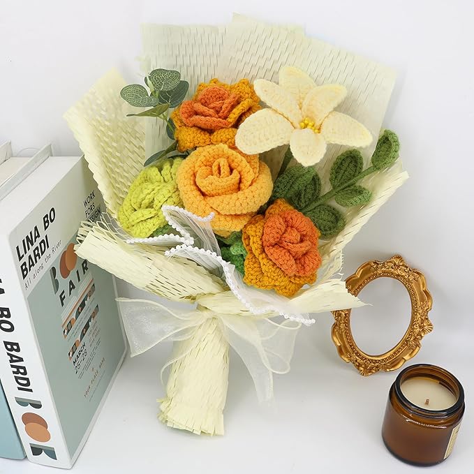 Handmade Crochet Sunflowers Rose Daisy as a Gift for Lover, Family,Friends. Crochet Bouquet, Crocheted Yarn Flowers, Artificial Flower Finished Bouquet (Yellow&Green)