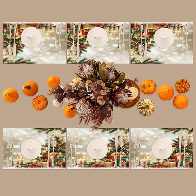 Xmas Christmas Tree Green Placemats Set of 4 PVC Vinyl Non Slip Table Mats Heat Resistant Place Mats Washable Wipeable Dining Table Mat for Kitchen Decor Party Indoor Outdoor Decorative Gift