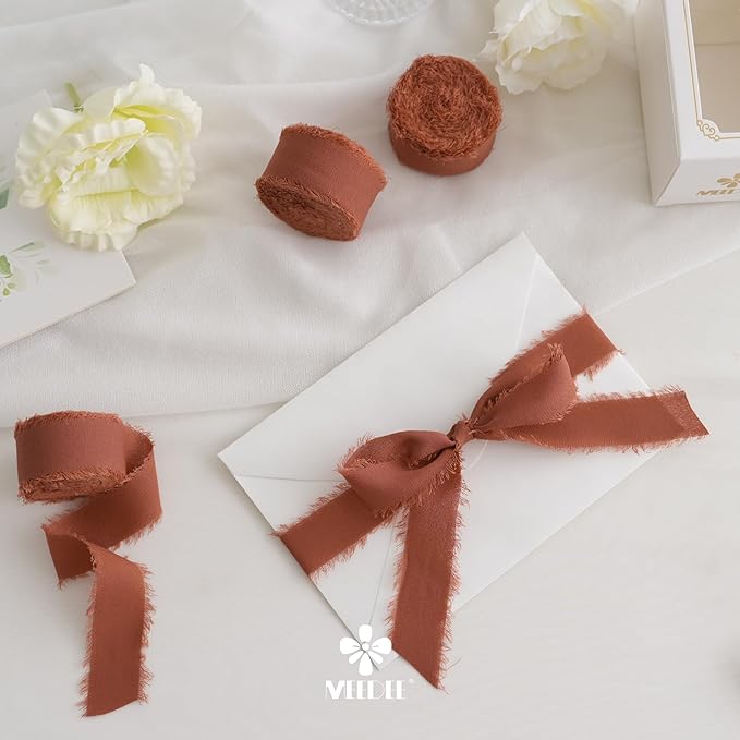 MEEDEE Orange Chiffon Ribbon 1 Inch Frayed Ribbons Terracotta Silk Rust Ribbon Thin Chiffon Ribbons for Crafts, Gift Wrapping, Wedding Invitation (3 Rolls 21 Yards)