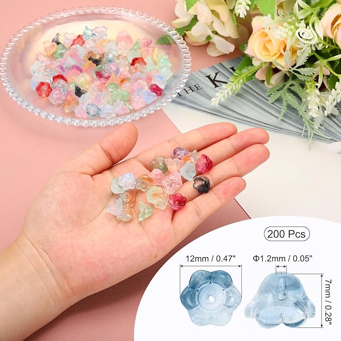PATIKIL Glass Trumpet Flower Beads, 200 Pcs Gradient Flower Bead Charm for Jewelry Making DIY Craft, Bracelets, Earrings, Necklaces Decorations, Ink Blue
