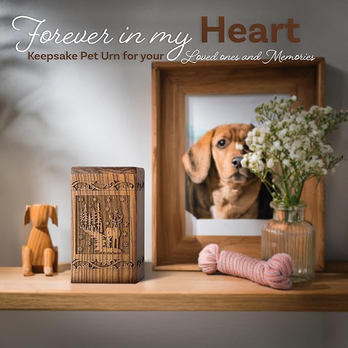 INTAJ Handcarved Rosewood Deer Keepsake Urn for Human Ashes - Mini 20 lbs Capacity Forest Scene Wooden Cremation Urn Box for Sharing Infant - Decorative Wildlife Memorial Casket Secure