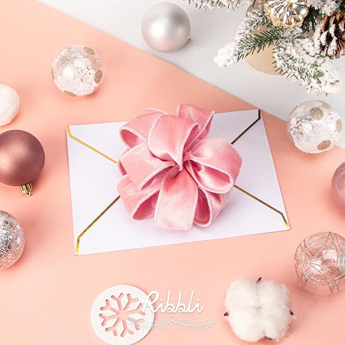 Ribbli Light Pink Velvet Wired Ribbon 1.5 Inch Velvet with Satin Christmas Ribbon for Gift Wrapping Christmas Tree Decoration Crafts Wreaths Supplies-Continuous 10 Yards