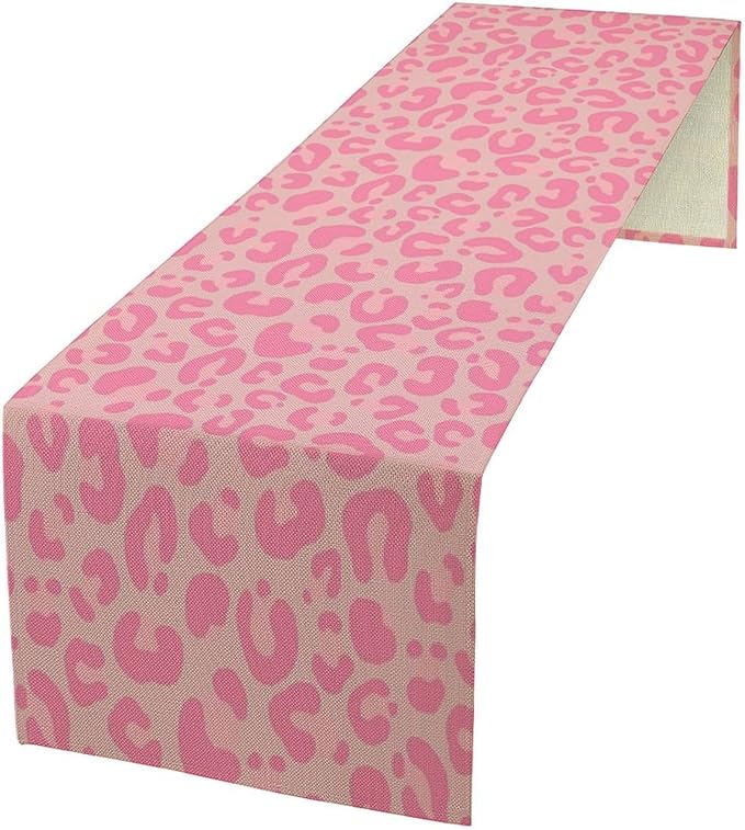 Pink Leopard Print Table Runner, Vintage Animal Skin Farmhouse Cottage Country Western Wildlife Safari Dinner Runner for Kitchen Dining Table Party Holiday Decor 13x108in