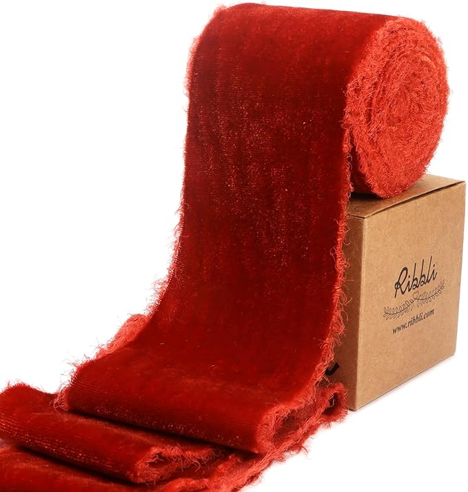 Ribbli Rust Red Velvet Ribbon 3 Inch Handmade Frayed Vintage Christmas Ribbon for Gift Wrapping Christmas Tree Ornament Wreath Craft Home Decor -3 Yards