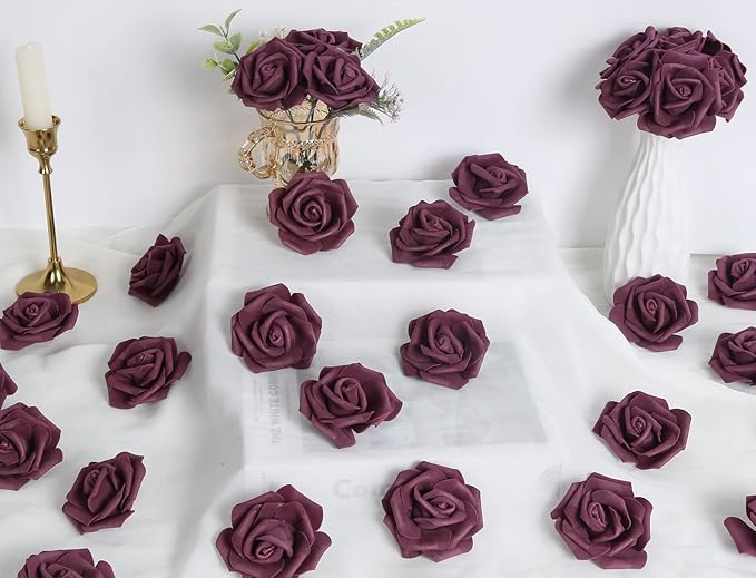 IPOPU Foam Roses Artificial Flowers,100Pcs Stemless Plum Foam Fake Roses Heads 3inch Faux Flower for DIY Crafts, Wall Decorations, Wedding Centerpieces Bouquets, Bridal Shower, Party Home Decor(Plum)
