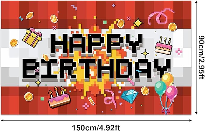 Pixel Happy Birthday Backdrop, 150x90cm/4.92x2.95ft Video Game Themed Banner Party Decoration Pixel Birthday Backdrop for Boys Girls Party Supply