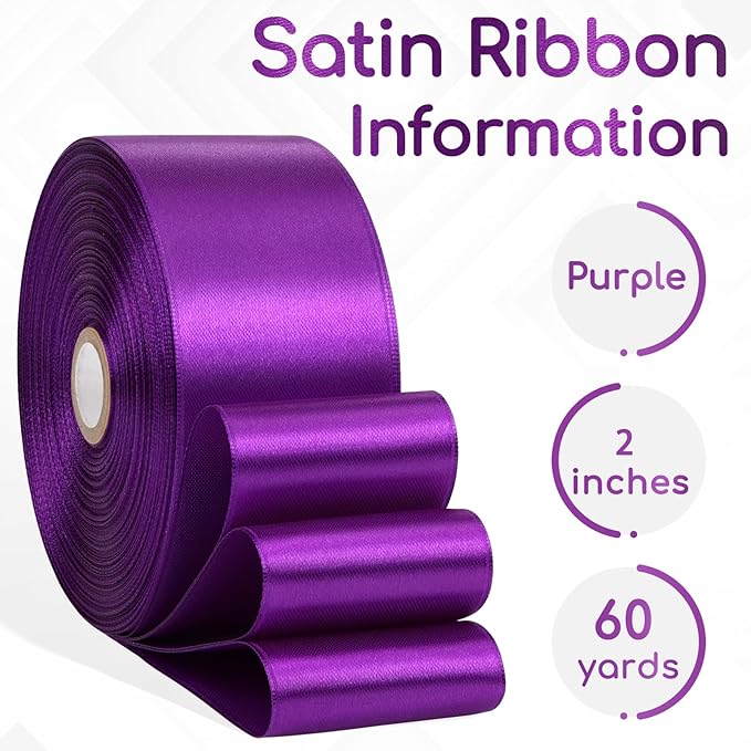 Purple Ribbon 2 Inch, 60 Yards Purple Satin Ribbon for Crafts, Gift Wrapping, Birthday Party, Flower Bouquet, Bows, Wedding and Festival Decor