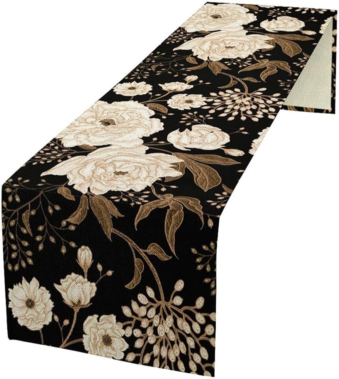 Black Gold Floral Table Runner, Retro Peony Rose Flowers Oriental Style Gothic Garden Print Table Runner for Farmhouse Kitchen Indoor Outdoor Decoration, 13x120inch