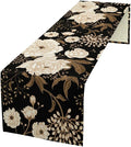 Black Gold Floral Table Runner, Retro Peony Rose Flowers Oriental Style Gothic Garden Print Table Runner for Farmhouse Kitchen Indoor Outdoor Decoration, 13x108inch