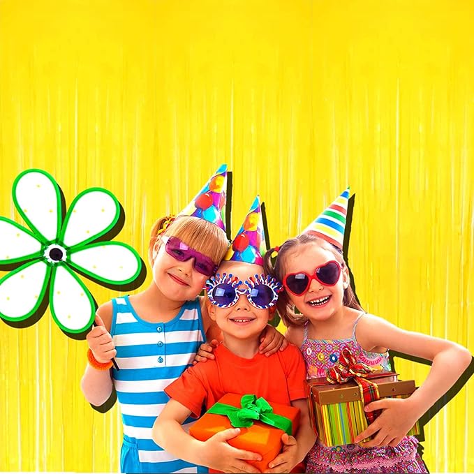 4 Pack Macaron Yellow Tinsel Foil Fringe Curtain Backdrop, 3.28Ft x 8.2Ft Metallic Streamers Props Wedding Bridal Shower Party Decoration, One Size, (Yellow 8.2Ft)