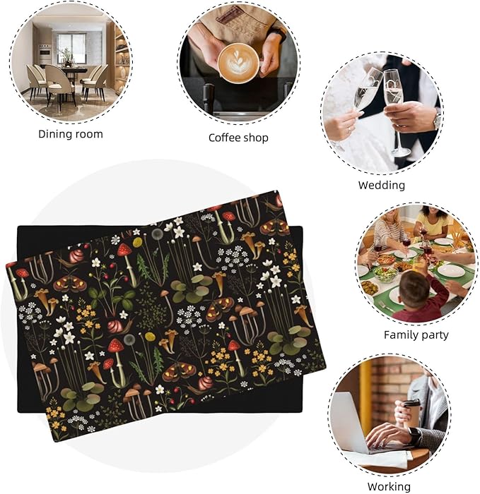 Mushroom Placemats Set of 6,Vintage Forest Moth Table Mats Heat Resistant Washable for Kitchen Dining Table Spring Summer Place Mats Linen 12x18 Inch 6 PCS, Style-4