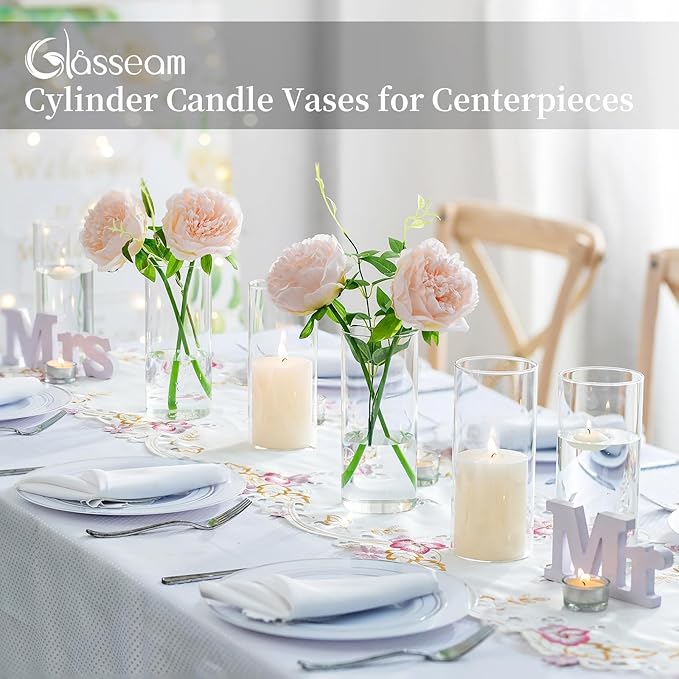 Glasseam Glass Cylinder Vases for Centerpieces, Clear Flower Vase Set of 12, Modern Floating Candle Vases Decor, Decorative Hurricane Pillar Candle Holders for Wedding Dining Table Decorations, 8in