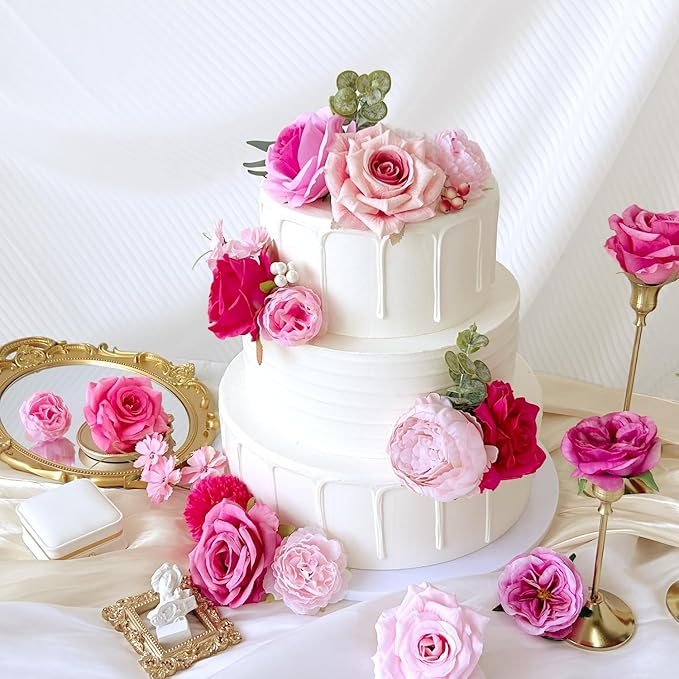 Fuschia Silk Artificial Flowers Combo Box Set Hot Pink Roses Flowers Dahlia DIY Bridal Wedding Bouquets Cake Fake Floral with Stems Arrangements Baby Shower Party Table Centerpieces Home Decor
