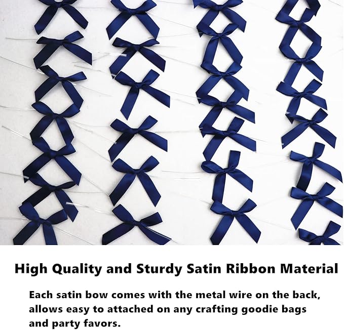 50 PCS 3 Inches Satin Bow Twist Ties, Ribbon Twist Tie Bows for Treat Bags, Pretied Bows, Twist Bows, Tied Bows with Wire, Pre Tied Ribbon Bows for Baby Shower, Favors, Popcorn (Navy Blue)
