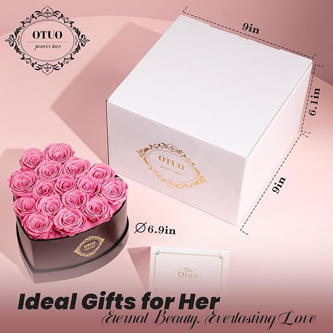 16 Preserved Roses in Heart-Shaped Box, Flowers for Delivery Prime Last up 2 Years, Real Forever Flowers for Wife, Girlfriend, Mother, Eternal Roses for Anniversary - Pink