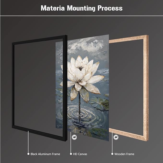 Stunning white lotus emerges from prismatic water with delicate petals background Serene aquatic wall art suitable for modern minimalist decor 8x12in Metal blackFramed