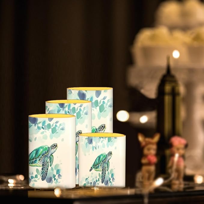 Flameless LED Candles Electric Candle Set with Remote Timer Color Changing Control Long Lasting for Table Centerpiece Home Indoor Decoration Pack of 4, Blue Sea Turtle