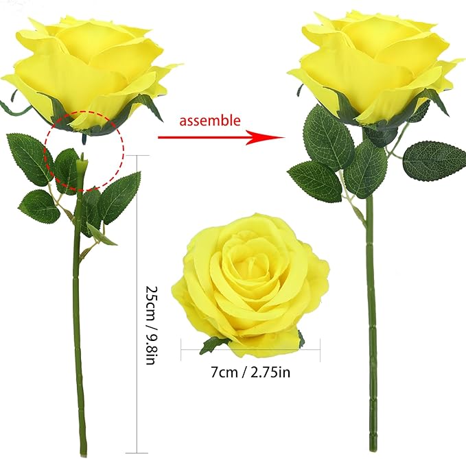 Felice Arts 12 Pack Lemon Yellow Artificial Flowers with Stems Silk Roses Fake Flowers Bouquet for Wedding Centerpiece Table Vase Home Kitchen Party DIY Decor