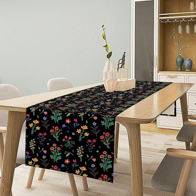 Retro Floral Table Runner, Colorful Bohemian Wildflower Flowers Blooms Vintage Table Runner for Kitchen Dining Party Home Decor, 13x36 Inch