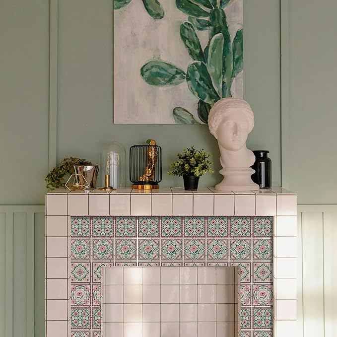 CHGCRAFT 36 Pcs 4 Style Wall Stickers Pink Flower Pattern Peel and Stick Wall Tile Sticker Vintage Flower Waterproof Self Adhesive Stick on Tile Decals for Kitchen Bathroom Art Decor, 4×4 Inch