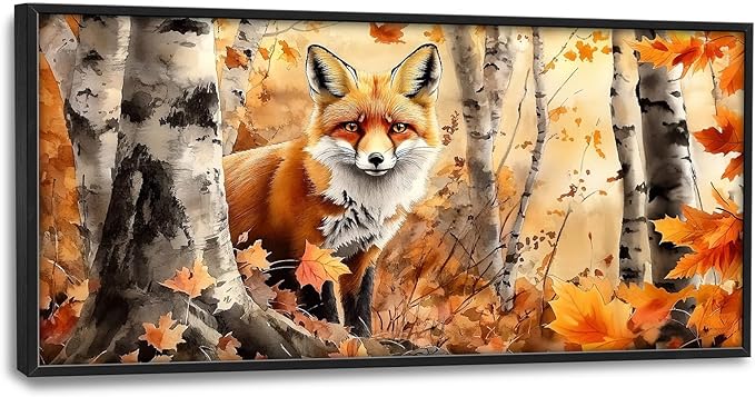 Large Fall Fox Wall Art for Living Room, Framed Oversized Autumn Forest Wall Decor Tree Maple Leaves Canvas Painting Modern Artwork for Living Room Bathroom Bedroom Office Dining Room 60"x30"