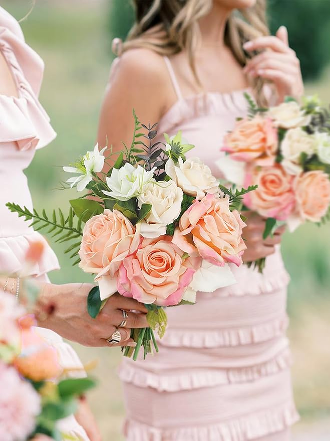 Rinlong 1Pc Pink Champagne Bridesmaids Bouquet Artificial Wedding Bouquets for Bridesmaid Silk Bouquet for Homecoming Prom