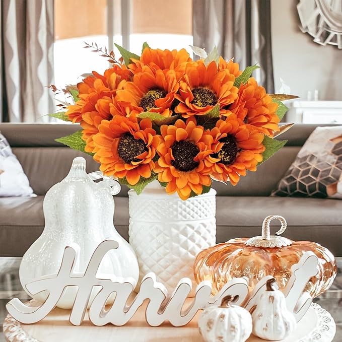 20 PCS Fake Silk Sunflowers Artificial Flower with Stems for Home Wedding Party Centerpieces Decoration Bridal Bouquets Tables Floral Arrangements Wreath DIY Art Crafts Decor (Orange)