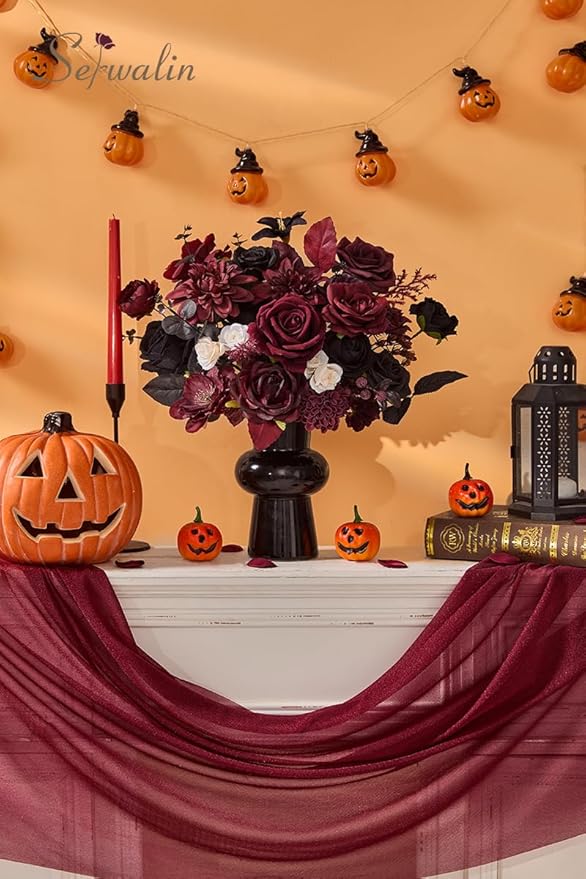 Serwalin Artificial Burgundy Black Flowers, Red Roses Silk Flowers for DIY Wedding Bridal Bouquets, Fake Halloween Black Flowers for Table Centerpieces Baby Shower Birthday Party Home Decorations