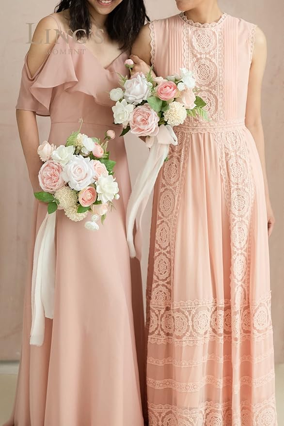 Ling's moment Artificial Flowers Pink Bridesmaid Bouquet Set of 4, Blush & Cream Wedding Flowers Bouquets for Bridesmaids, 7 Inch Bridal Bouquets for Bridesmaids, Wedding, Ceremony, Anniversary, etc