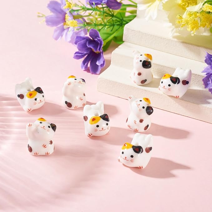 Beadthoven 8Pcs Lucky Cat Porcelain Beads 3D Yellow White Handmade Craft Beads Animal Ceramic Cat Printed Ceramic Spacers with Hole for DIY Necklace Bracelet Keychain Craft Jewelry Making