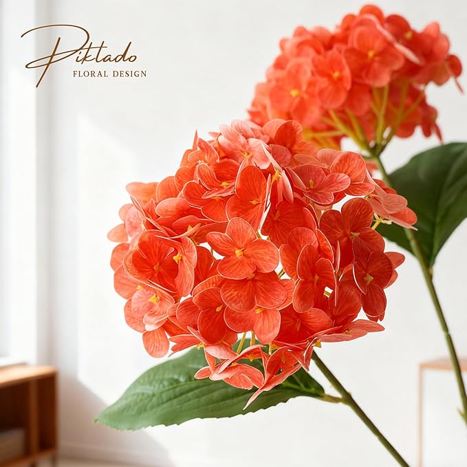 A Bunch 21in, Real Touch Hydrangea Artificial Flowers, with 5pcs Flower Head 8pcs Leaves, Faux Hydrangea Flowers for Home Office Decor Wedding Party Arrangements (2, Orange-red)