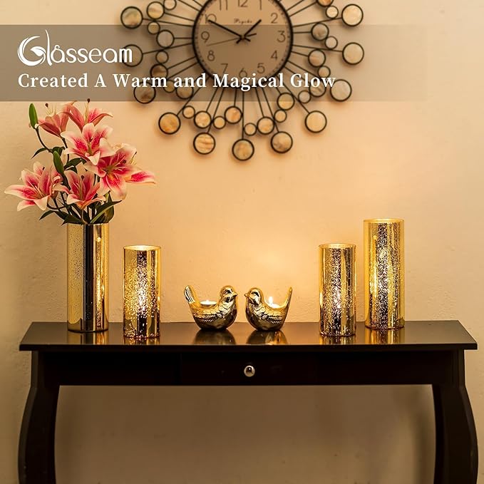 Glasseam Gold Cylinder Vases for Centerpieces: 24 Modern Mercury Hurricane Glass Vase Set for Flowers - Decorative Golden Pillar Candle Holders for Wedding Party Dining Room Table Decor