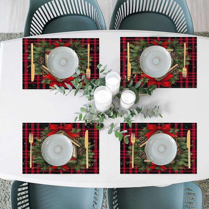 Christmas Art Waffle Cardinal Placemats Set of 6 PVC Vinyl Non Slip Table Mats Heat Resistant Place Mats Washable Wipeable Dining Table Mat for Kitchen Decor Party Indoor Outdoor Decorative Gift