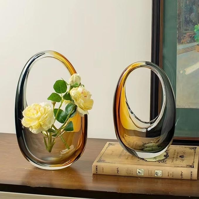 Crystal Vase, Modern Decorative Vase, Minimalist Floral Vase, Light Luxury Style for Home Decor, Centerpiece, Office, Pampas Grass, Dried Flowers, Flowers and Buds (S-Caramel)