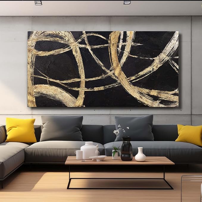 VAYIMDH Black And Gold Pictures for Living Room Black Wall Decor Minimalist Wall Decorations Abstract Wall Paintings 29"x 58" for Office