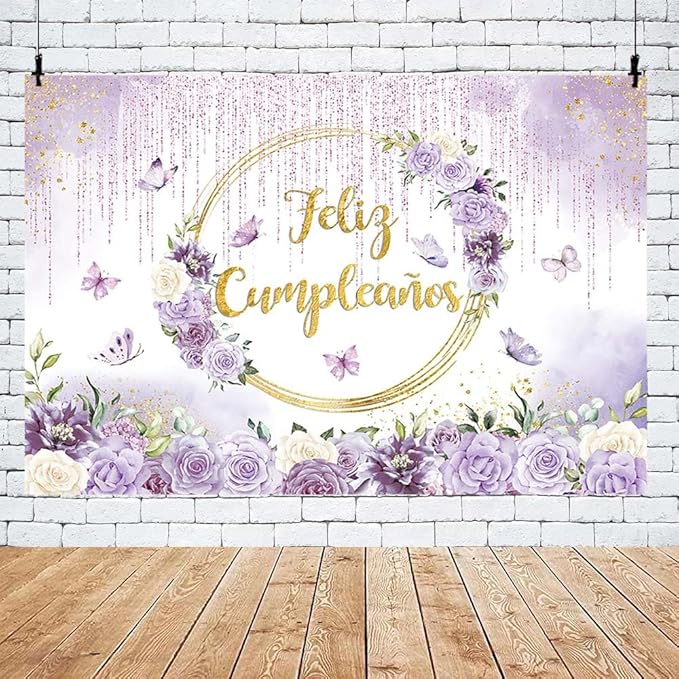 MEHOFOND Feliz cumpleaños Birthday Backdrop Purple Floral Butterfly Baby Shower Party Decorations Baby Girl's Watercolor Floral Glitter Drops Decorations Supplies Banner Photo Booth Studio Prop